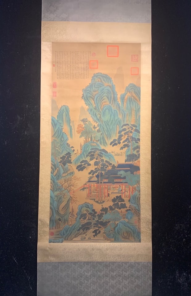A Chinese Vertical Scroll Ink Painting of Landscape and Figure on Silk,Chou Ying: A Chinese Vertical Scroll Ink Painting of Landscape and Figure on Silk,Chou Ying,Size:(Without frame)56.3inx25.2in 一幅中国水墨绢本山水É