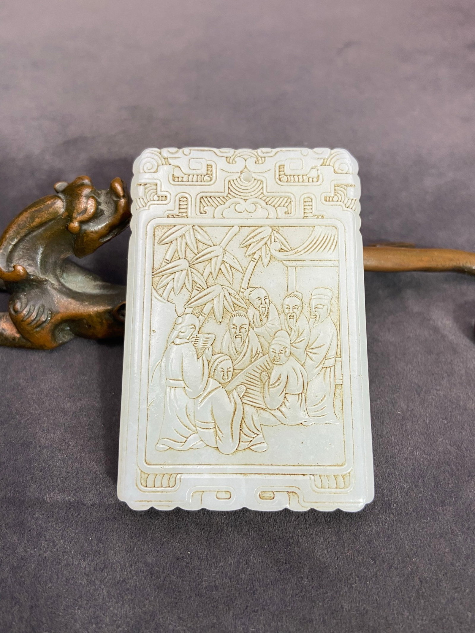 An Exquisite White Jade Figure Pattern Pendant,with poem: An Exquisite White Jade Figure Pattern Pendant,with poem,Qing Dynasty,China,Size:67.5mmx44.5mmx7.5mm,Weight:61g 白玉人物纹挂件,带诗文,ߑ