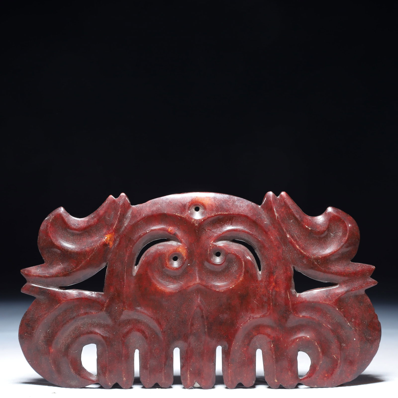 An Archaic Hongshan Culture Red Jade Beast-Face Pattern Pendant: An Archaic Hongshan Culture Red Jade Beast-Face Pattern Pendant,Ancient Time,China,Size:6.3inx2.4in,Weight:3.12g 红山文化红玉兽面纹挂件