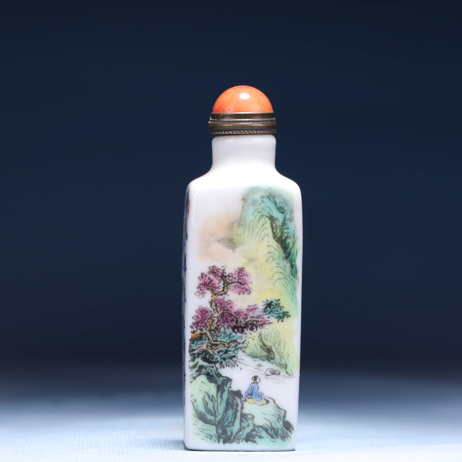 An Exquisite Enamel Landscape and Figure Pattern Snuff Bottle,with poem: An Exquisite Enamel Landscape and Figure Pattern Snuff Bottle,with poem,Qing Dynasty,China,Qianlong Four-character Mark,Size:1.2inx3.3in,Weight:54g