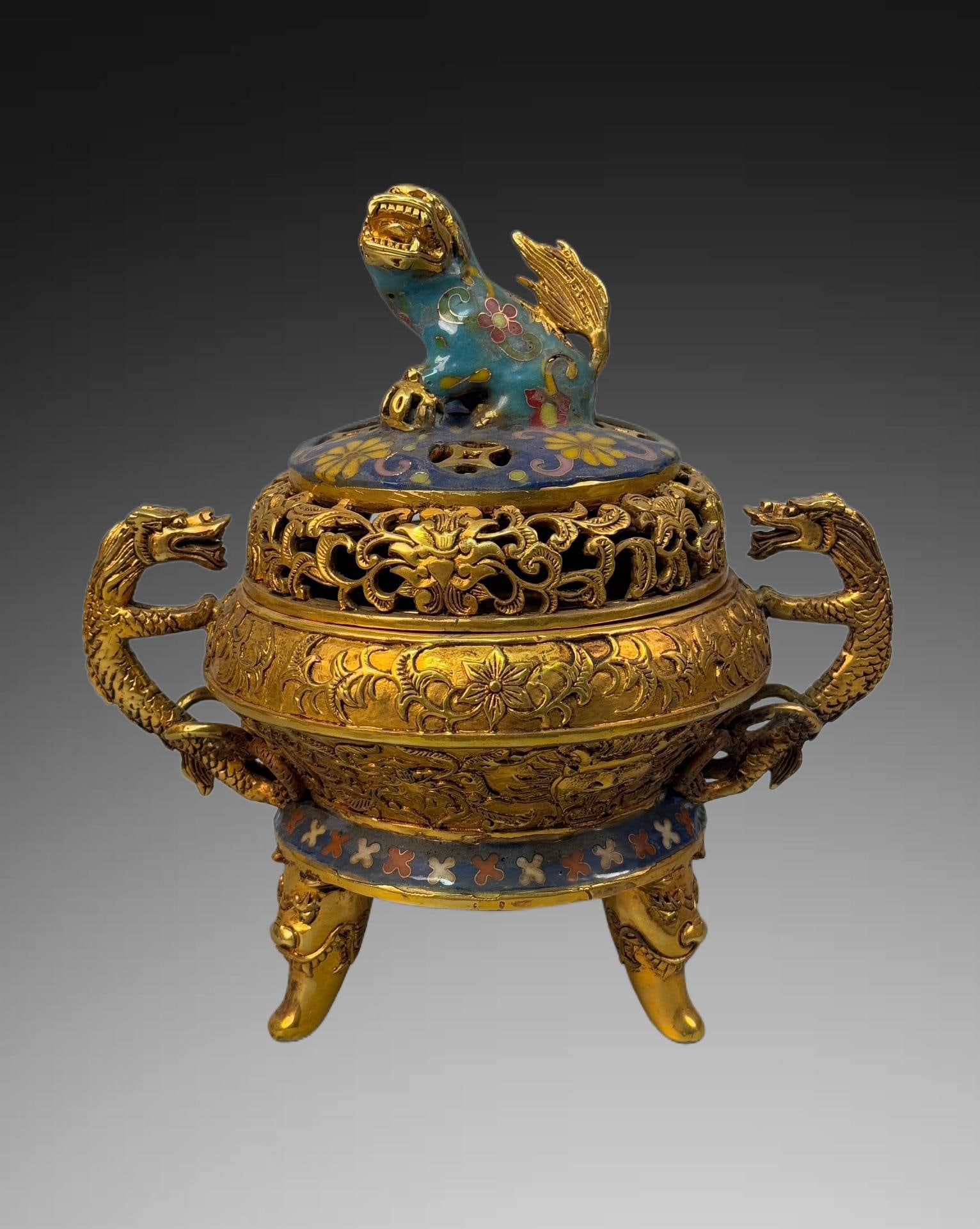 A Exquisite Cloisonné Dragon-Ears Censer: A Exquisite Cloisonné Dragon-Ears Censer,Qing Dynasty, China,Size:9.1inx8.3in ,Weight:1918g 景泰蓝龙耳炉,中国清代