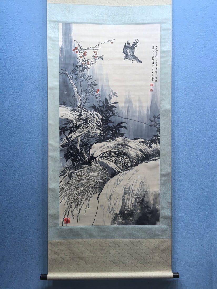 A Chinese Vertical Scroll Ink Painting of Flowers and Birds on Paper (1 of 7)