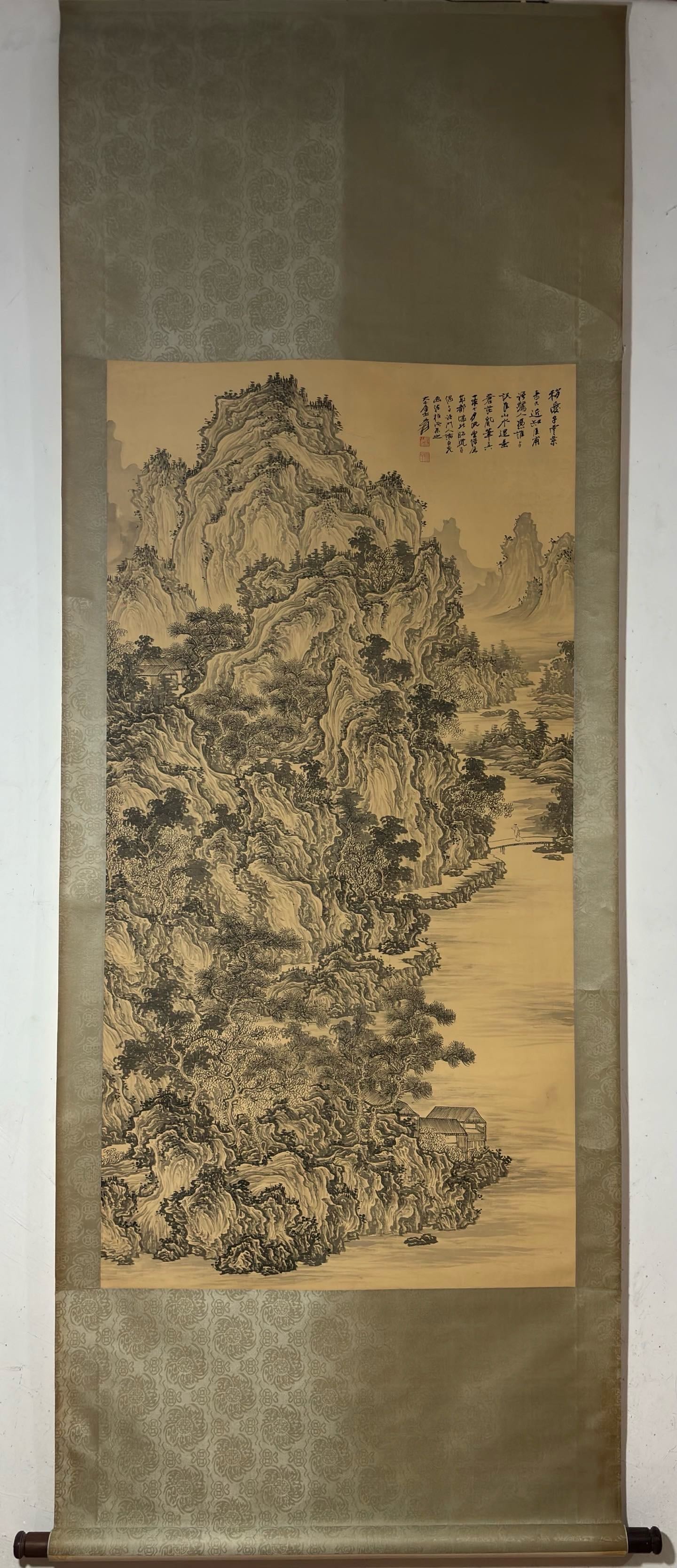 A Chinese Vertical Scroll Ink Painting of Landscape on Silk: A Chinese Vertical Scroll Ink Painting of Landscape on Silk,Modern Time,Zhang Daqian,without frame size:52.6inx26.8in 一幅中国水墨绢本山水&#