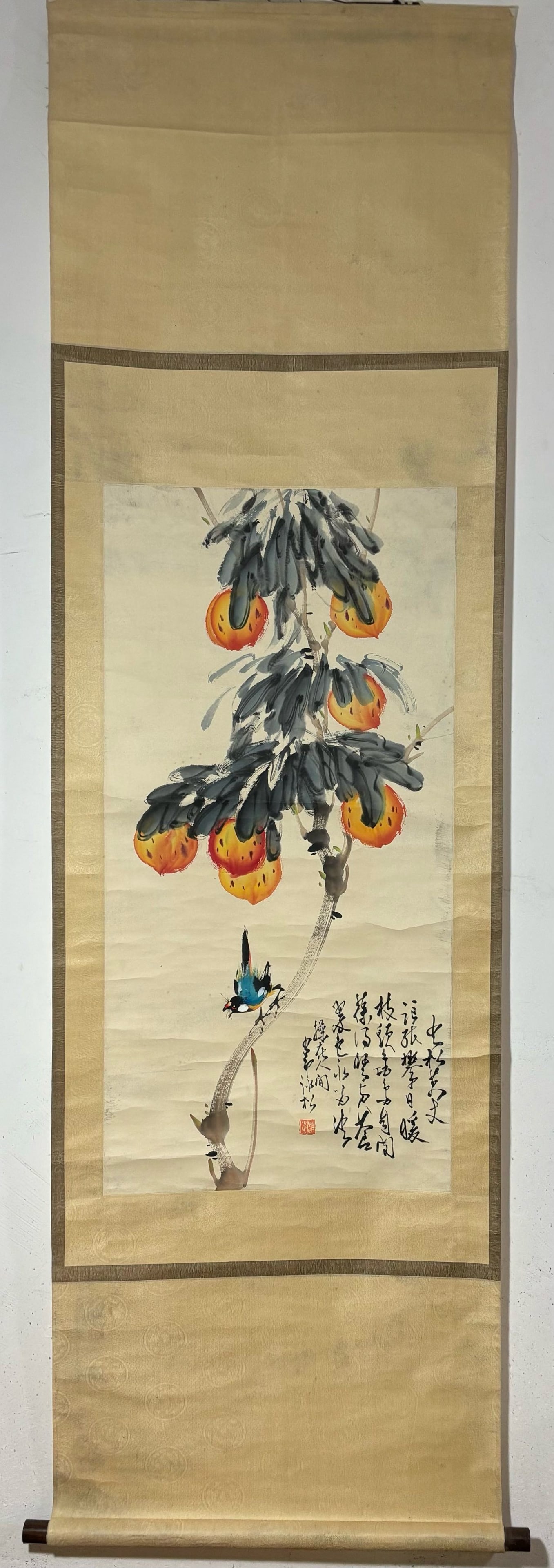 A Chinese Vertical Scroll Ink Painting of Flower and Fruit on Paper: A Chinese Vertical Scroll Ink Painting of Flower and Fruit on Paper,Modern Time,Zhao Shao'ang,without frame size:38.6inx19.1in 一幅中国水墨纸本花&