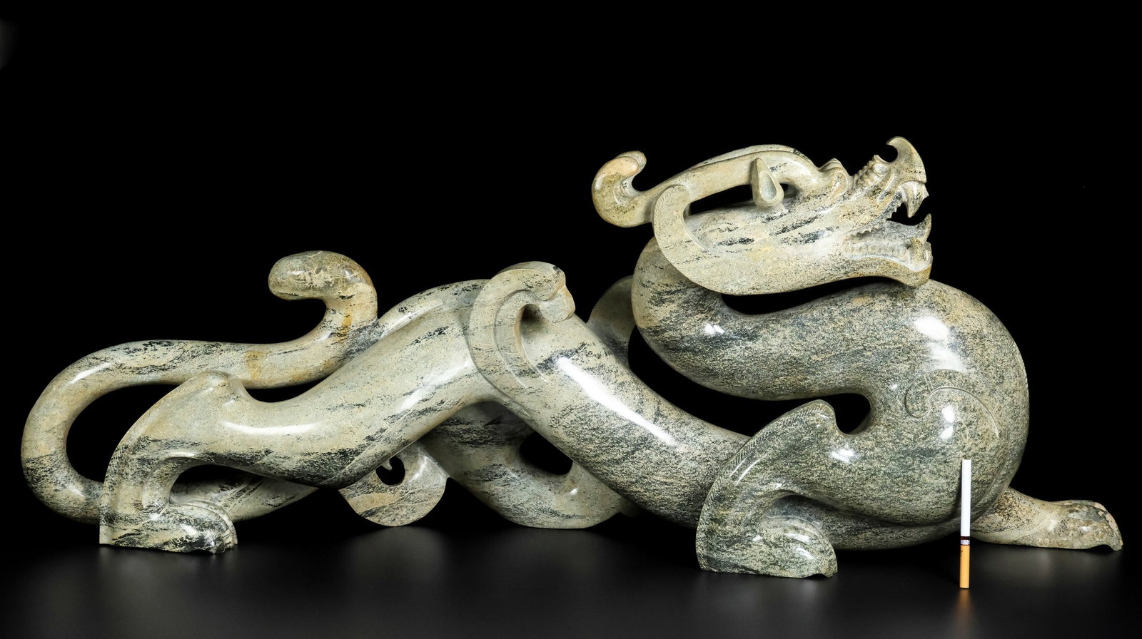 A Exquisite Hotan Jade Dragon Ornament: An Exquisite Hotan Jade Dragon Ornament,Han Dynasty, China,With Mark,Size:33.1inx7.9inx12.6in ,Weight:28000g 和田玉龙摆件,中国汉代,带&