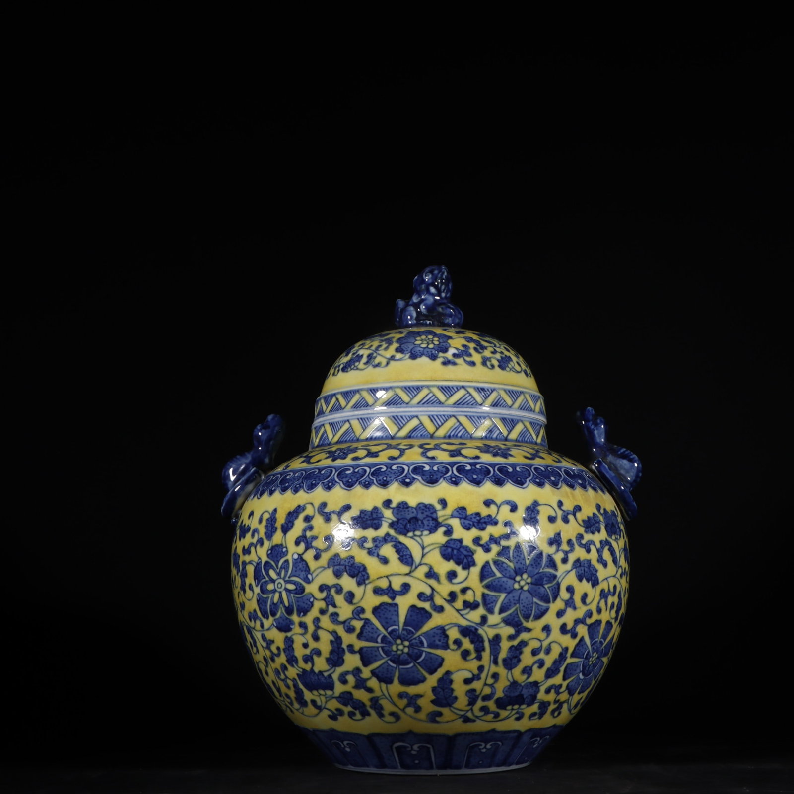 A Exquisite Yellow Glazed Blue and White Lotus Pattern Jar: A Exquisite Yellow Glazed Blue and White Lotus Pattern Jar,Qing Dynasty, China,Qianlong Six-character Mark,Size:9.6inx8.3in 黄釉青花缠枝莲纹罐,
