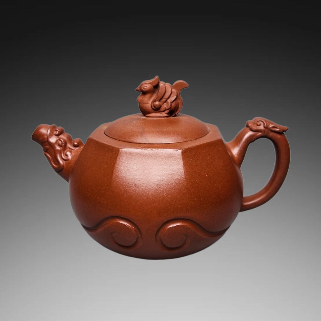 A Exquisite Purple Sands Phoenix Knob Teapot: An Exquisite Purple Sands Phoenix Knob Teapot,Republic of China,With Mark,Size:3.9inx4.7in 紫砂凤钮壶,民国,带款
