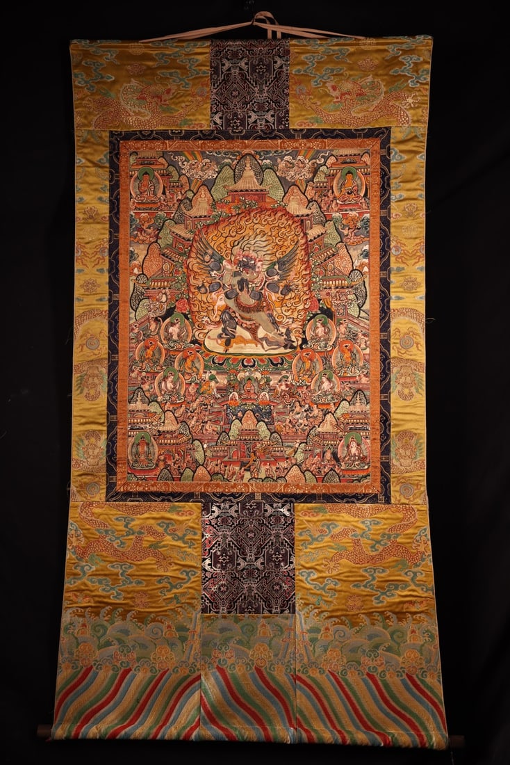 A Exquisite Vajrakila Thangka: A Exquisite Vajrakila Thangka,Ming Dynasty, China,Size:59.1inx31.5in(Whole),35inx23.6in(Leather Core) 普巴金刚唐卡,中国明代