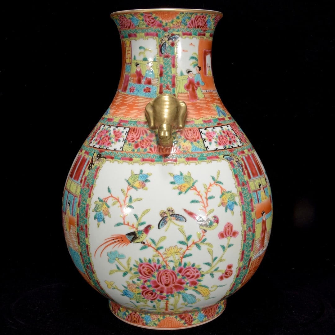 A Exquisite Cantonese Enamel Flower and Bird Pattern Elephant-Ears Vase: A Exquisite Cantonese Enamel Flower and Bird Pattern Elephant-Ears Vase,Qing Dynasty, China,Size:16.1inx11.8in 广彩花鸟纹象耳瓶,中国清