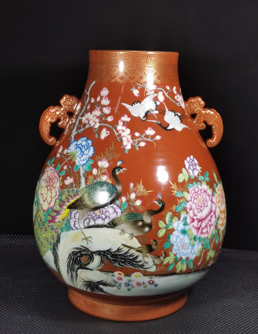 A Exquisite Enamel Ruby Red-Glazed Flower and Bird Pattern Double-Ears Vase: A Exquisite Enamel Ruby Red-Glazed Flower and Bird Pattern Double-Ears Vase,Qing Dynasty, China,Qianlong Six-character Mark,Size:19.3inx14.2in 珐琅彩胭脂红花&