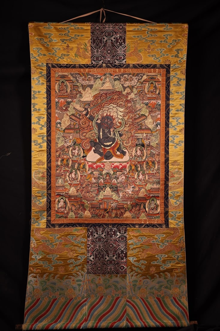 A Exquisite Statue of Vajra protector Thangka: A Exquisite Statue of Vajra protector Thangka,Ming Dynasty, China,Size:59.1inx31.5in(Whole),35inx23.6in(Leather Core) 金刚护法唐卡,中国明代