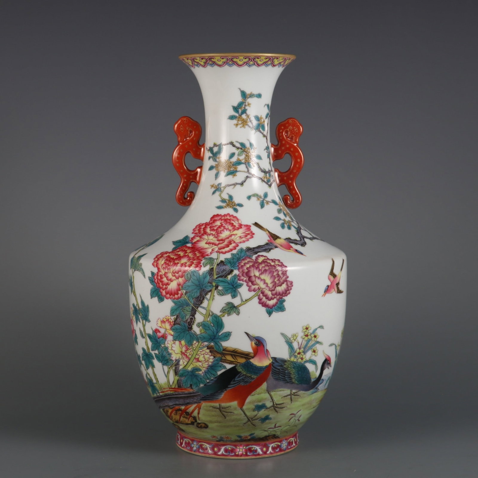 A Exquisite Famille-Rose Flower and Bird Pattern Double-Ears Vase: A Exquisite Famille-Rose Flower and Bird Pattern Double-Ears Vase,Qing Dynasty, China,Qianlong Six-character Mark,Size:12.7inx3.7inx6.9in 粉彩花鸟纹双耳ல