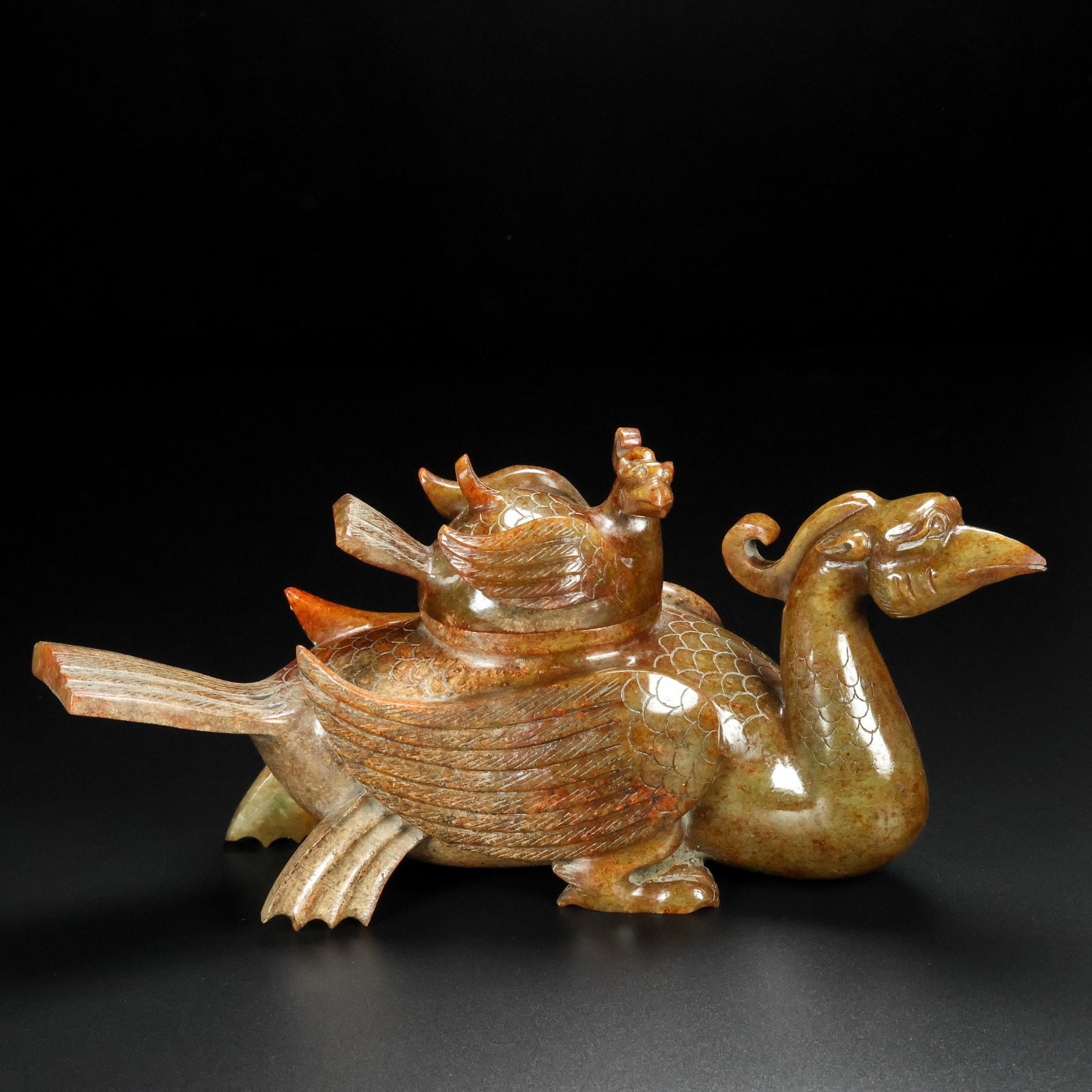 A Exquisite Hotan Jade Phoenix Censer: A Exquisite Hotan Jade Phoenix Censer,Han Dynasty, China,Size:9.8inx3.1inx4.3in,Weight:1380g 和田玉凤炉,中国汉代