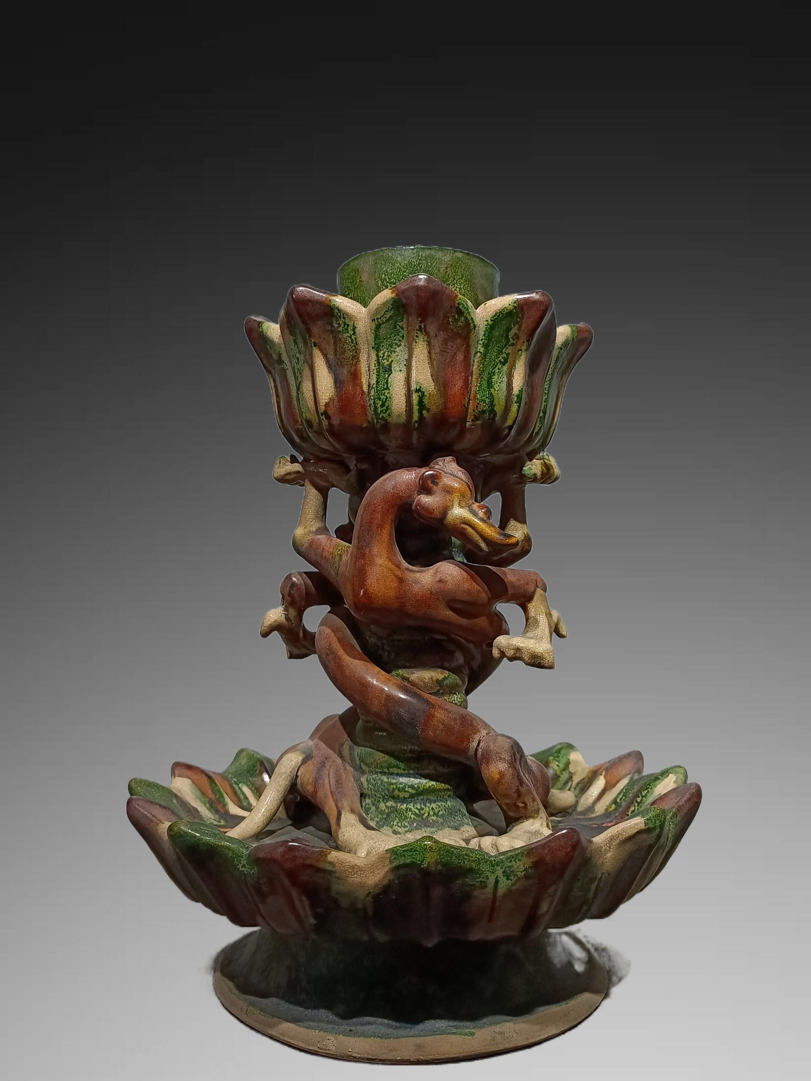 A Exquisite Tang Tri-Color Glazed Pottery Dragon Lamp (1 of 6)