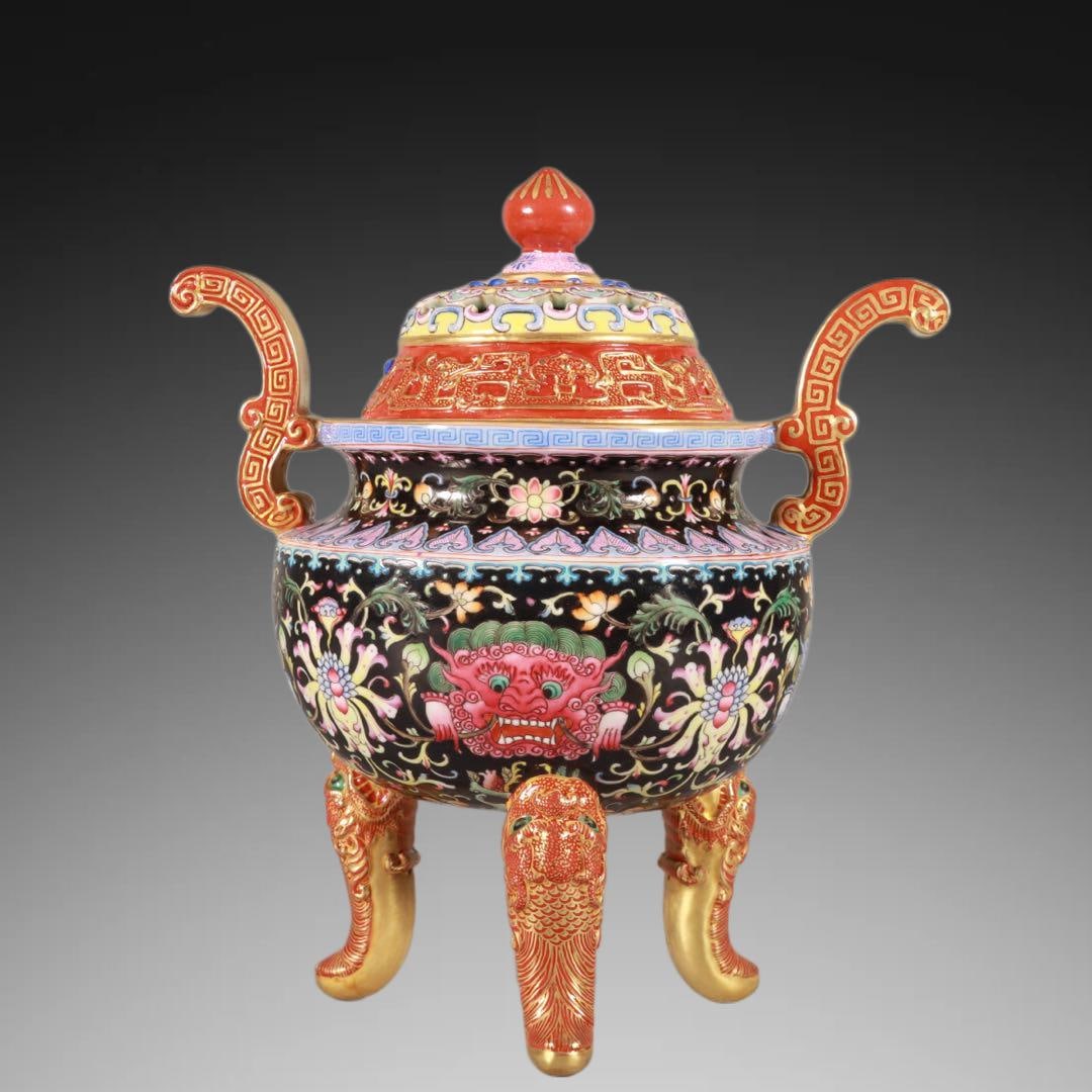 A Exquisite Enamel Black Ground Lotus Pattern Censer: A Exquisite Enamel Black Ground Lotus Pattern Censer,Qing Dynasty, China,Qianlong Six-character Mark,Size:8.3inx6.9in 珐琅彩黑地缠枝莲纹炉,&