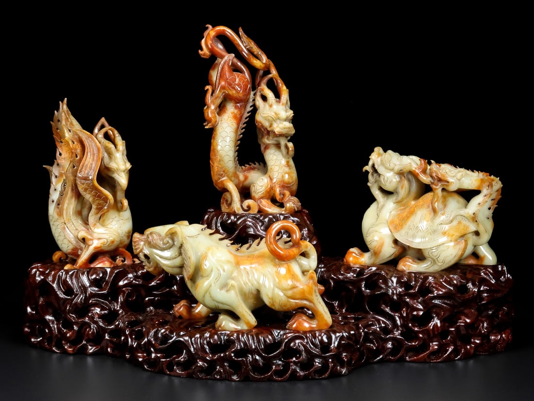 A Set of Exquisite Hotan Jade Auspicious Beast Ornament: A Set of Exquisite Hotan Jade Auspicious Beast Ornament,Han Dynasty, China,Size:3.7inx4.3inx7.9in(Single),18.5inx9.1inx12.2in(Whole) ,Weight:4268g(Without Base) 一套和田玉