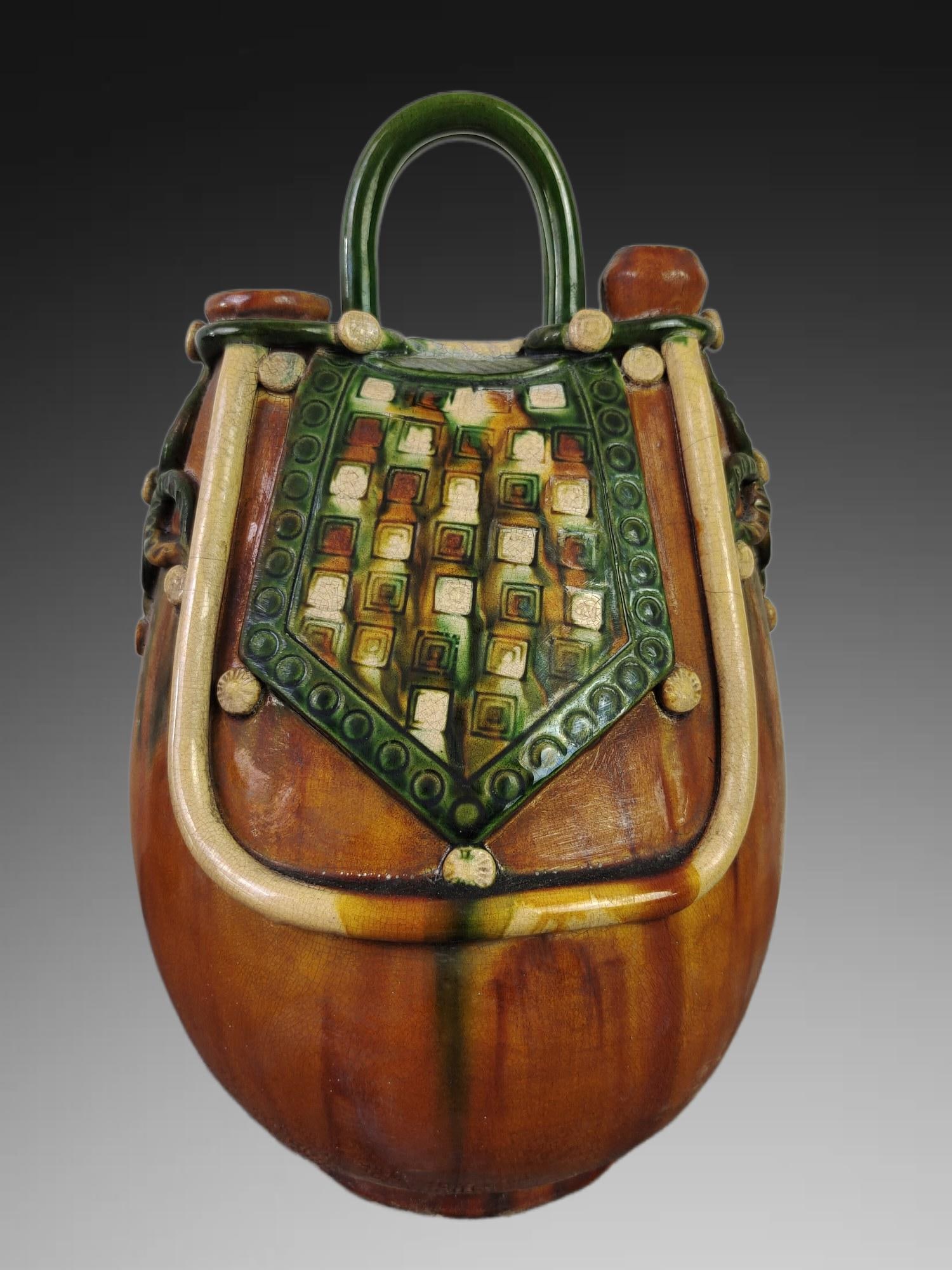 A Exquisite Tang Tri-Color Glazed Pottery Pot: An Exquisite Tang Tri-Color Glazed Pottery Pot,Tang Dynasty, China,Size:13.4inx6.9in 唐三彩壶,中国唐代