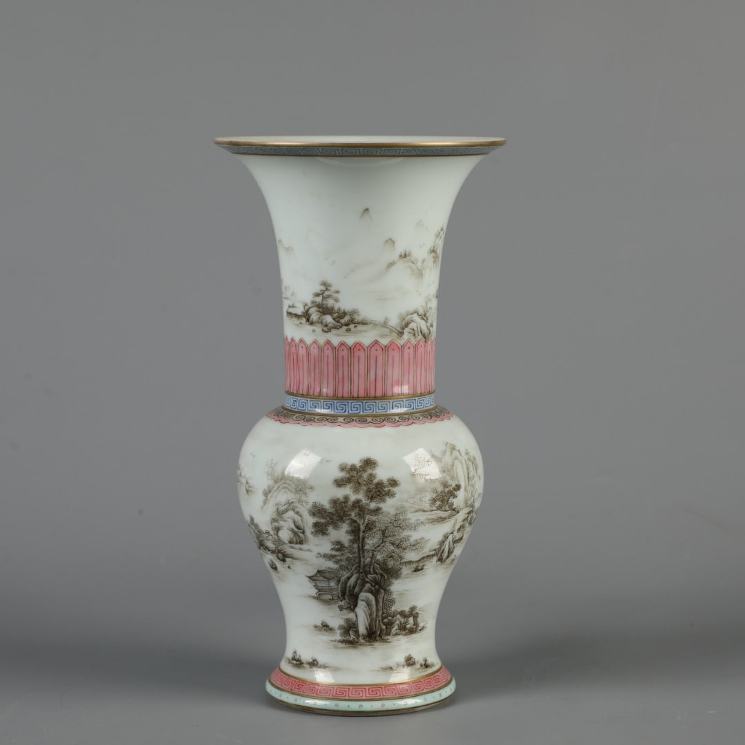 A Exquisite Ink Color Landscape Pattern Vase: A Exquisite Ink Color Landscape Pattern Vase,Qing Dynasty, China,Yongzheng Six-character Mark,Size:9.6inx4.9in 墨彩山水纹瓶,中国清代,雍