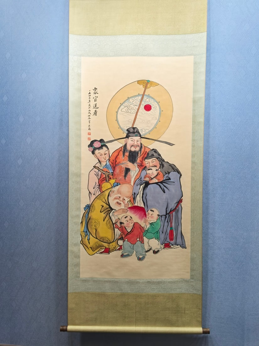 A Chinese Vertical Scroll Ink Painting of Figures on Paper: A Chinese Vertical Scroll Ink Painting of Figures on Paper,Modern Time of China,Xu Beihong,without frame size:26.8inx53.3in 一幅中国水墨纸本人