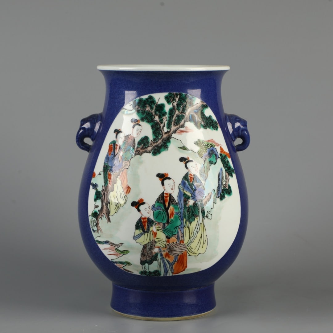 A Exquisite Blue Ground Doucai Figures Pattern Vase: A Exquisite Blue Ground Doucai Figures Pattern Vase,Qing Dynasty, China,Kangxi Six-character Mark,Size:13inx8.3in 蓝地斗彩人物纹瓶,中国ę