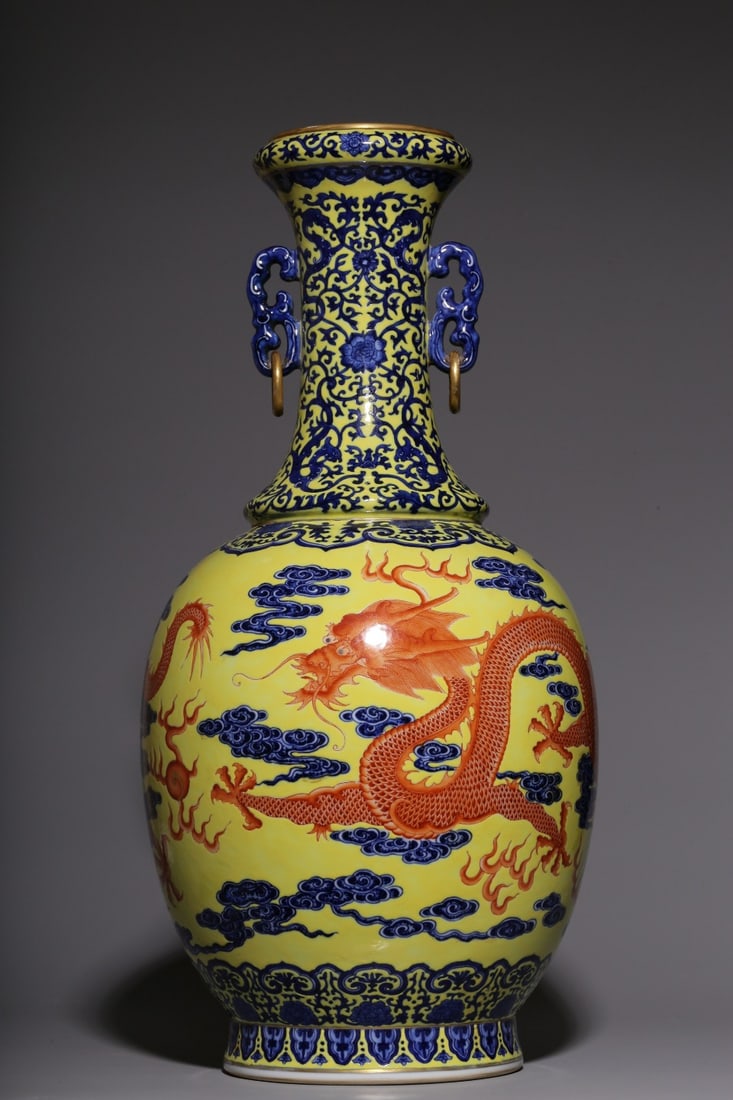 A Exquisite Blue and White Yellow Glazed Iron-Red Dragon Pattern Double-Ears Vase: A Exquisite Blue and White Yellow Glazed Iron-Red Dragon Pattern Double-Ears Vase,Qing Dynasty, China,Qianlong Six-character Mark,Size:22.1inx10.4inx7in