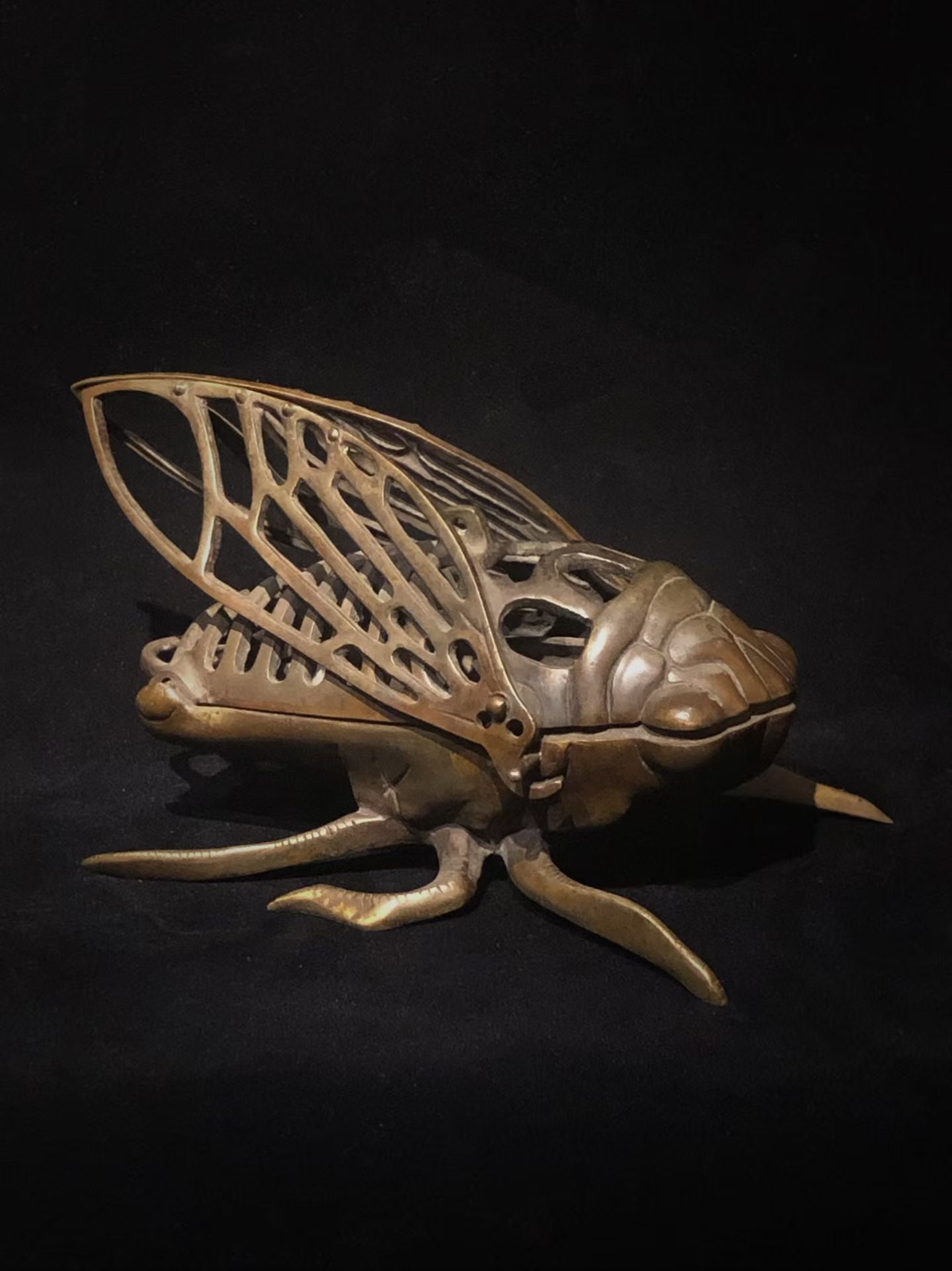 A Exquisite Bronze Cicada-Shaped Censer: A Exquisite Bronze Cicada-Shaped Censer,Qing Dynasty, China,Size:8.7inx4.7in ,Weight:1350g 铜蝉形炉,中国清代