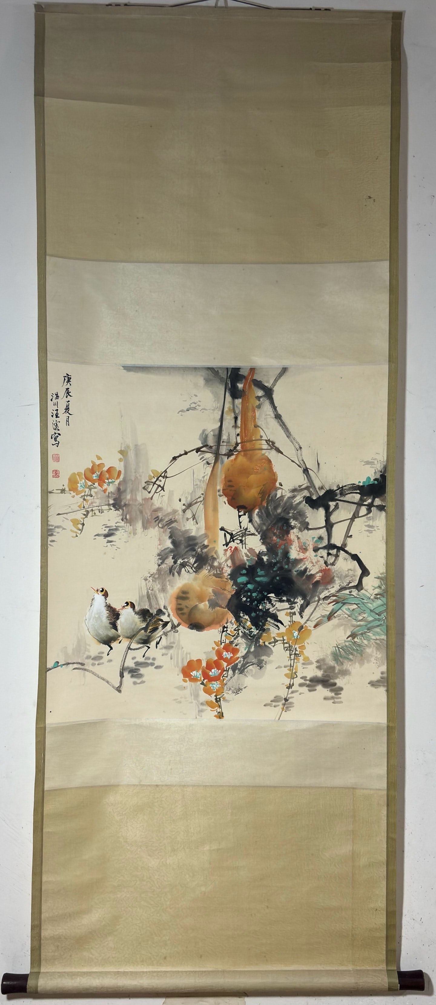 A Chinese Vertical Scroll Ink Painting of Flower and Bird on Paper: A Chinese Vertical Scroll Ink Painting of Flower and Bird on Paper,Modern Time,Wang Rong,without frame size:26.8inx26in