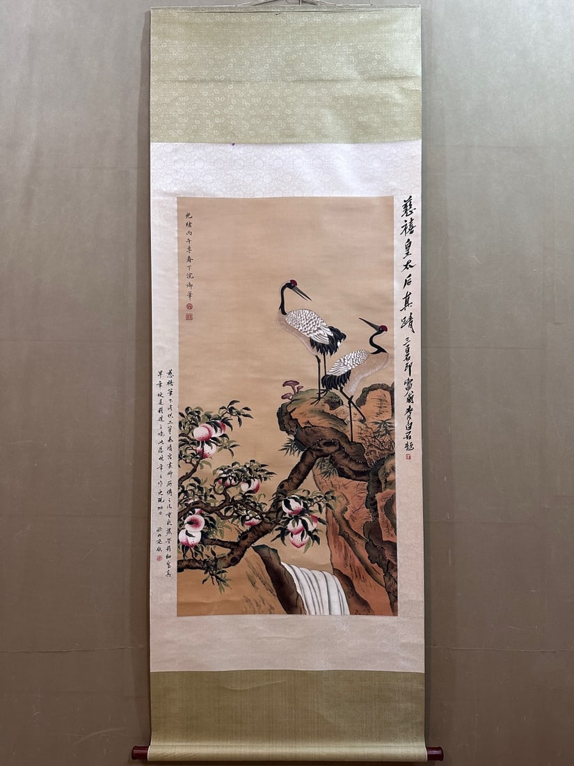 A Chinese Vertical Scroll Ink Painting of Crane on Paper: A Chinese Vertical Scroll Ink Painting of Crane on Paper,Qing Dynasty, China,Empress Dowager Cixi,without frame size:24.8inx47.2in