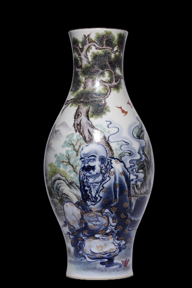 A Exquisite Blue and White Famille-Rose Arhat Pattern Vase: A Exquisite Blue and White Famille-Rose Arhat Pattern Vase,Qing Dynasty, China,Qianlong Six-character Mark,Size:11inx5.1in,Weight:873g