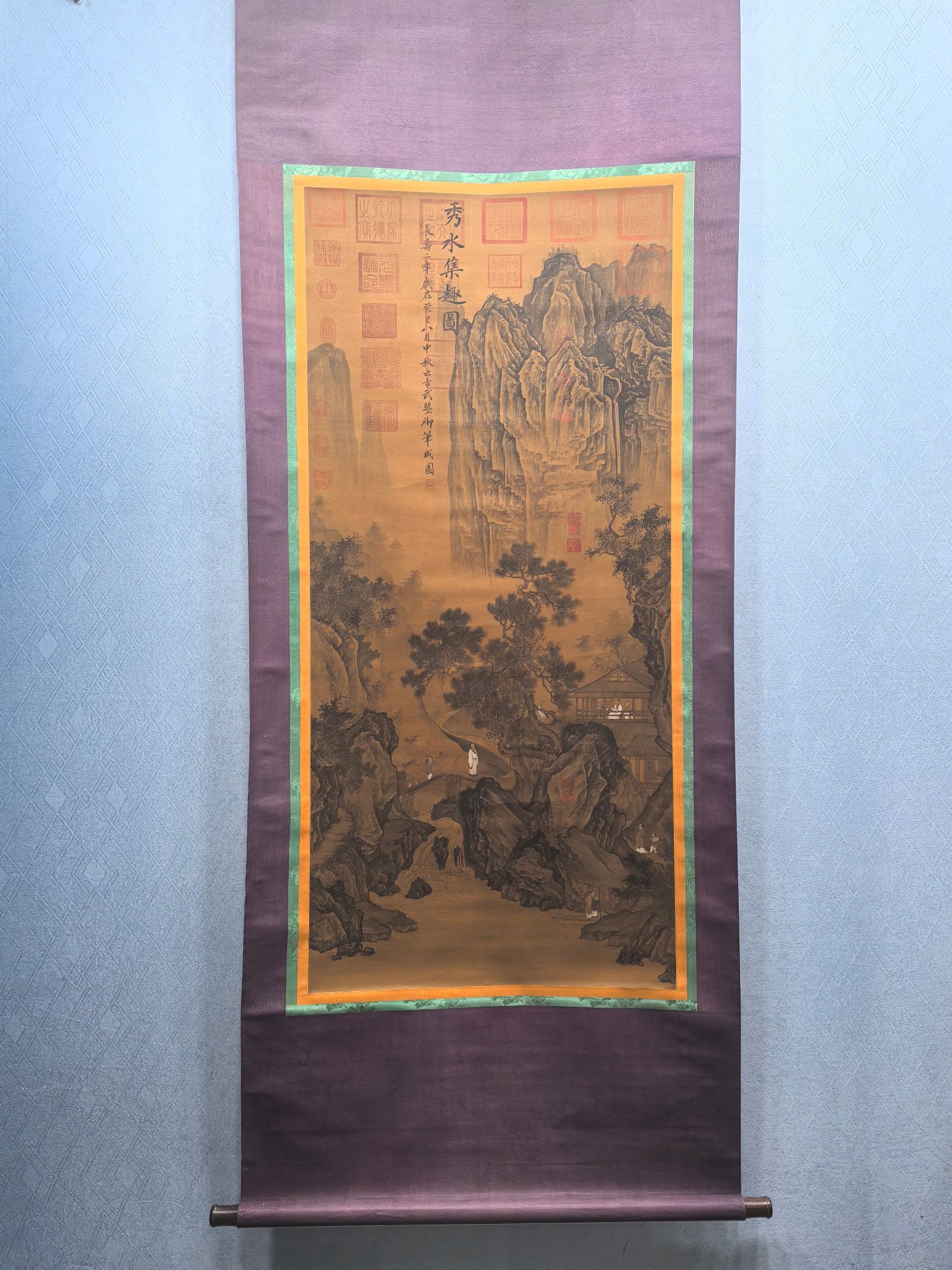 A Chinese Vertical Scroll Ink Painting of Landscape on Silk: A Chinese Vertical Scroll Ink Painting of Landscape on Silk,Tang Dynasty, China,Wu Zetian,without frame size:25.2inx54.9in