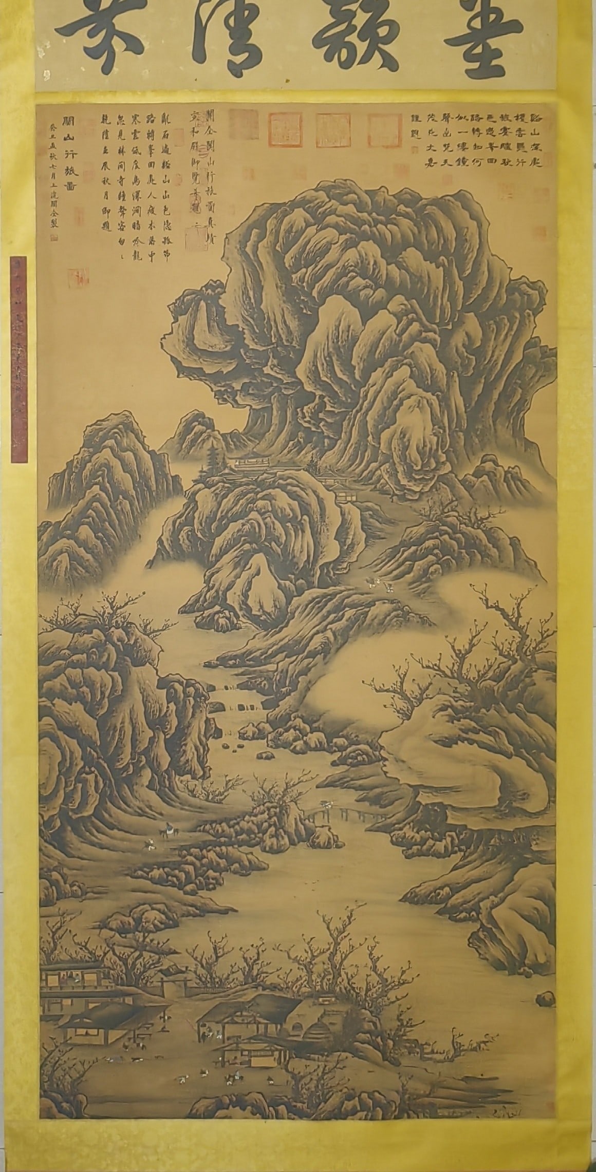 A Chinese Vertical Scroll Ink Painting of Landscape on Silk: A Chinese Vertical Scroll Ink Painting of Landscape on Silk,Five Dynasties,Guan Tong,without frame size:106.3inx48in