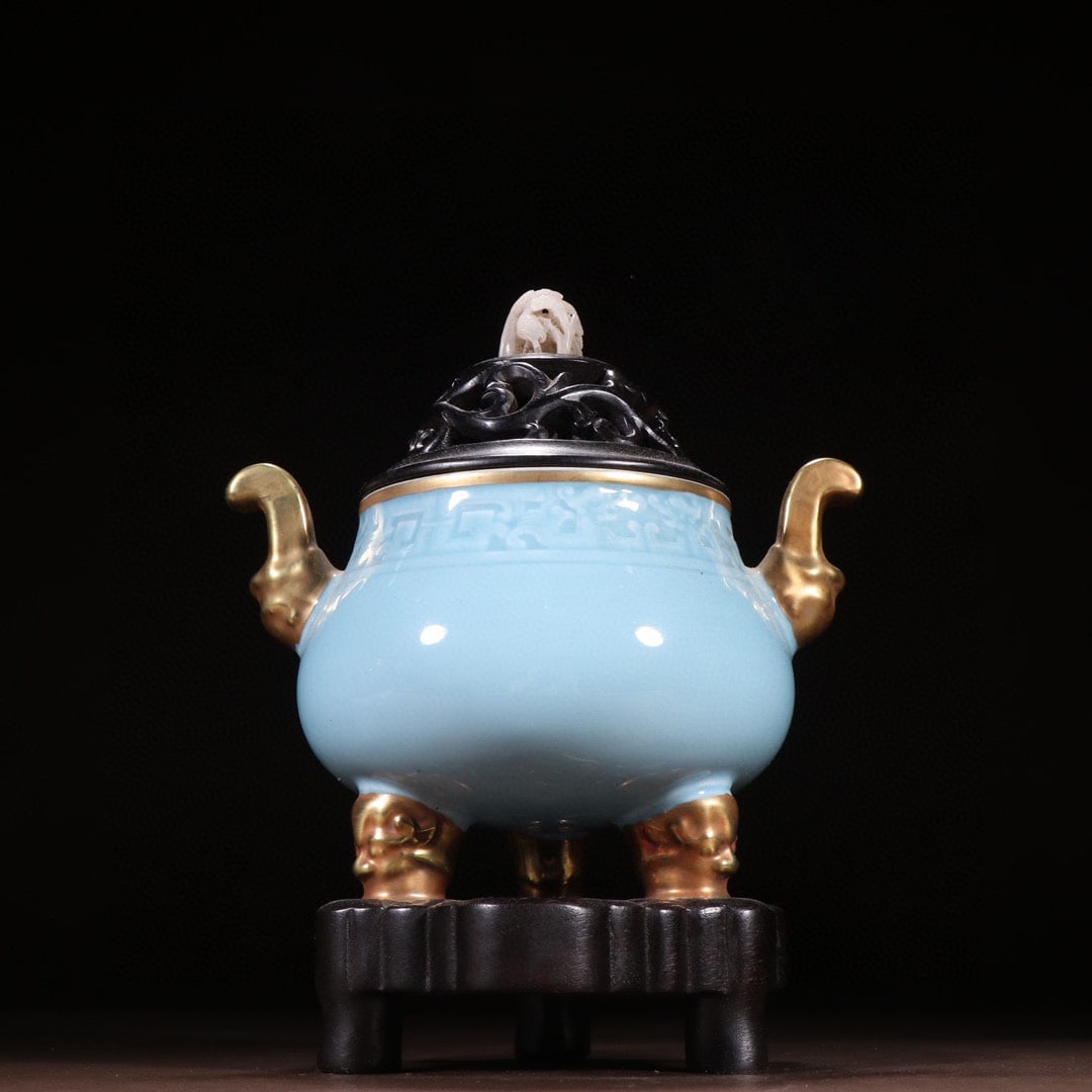 A Exquisite Sky Blue Glazed Painted Gold Dragon Pattern Censer: A Exquisite Sky Blue Glazed Painted Gold Dragon Pattern Censer,Qing Dynasty, China,Qianlong Four-character Mark,Size:7.7inx6.2in