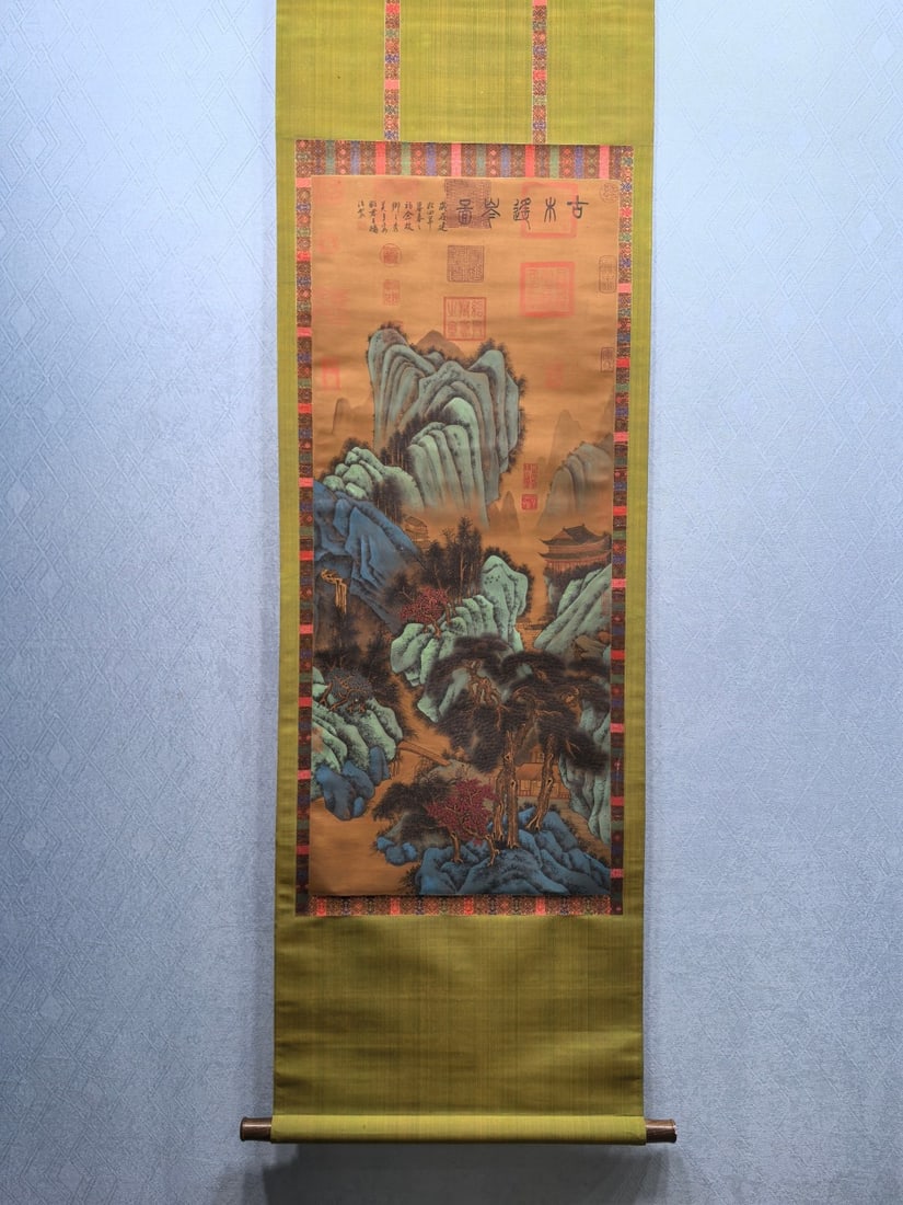 A Chinese Vertical Scroll Ink Painting of Landscape on Silk: A Chinese Vertical Scroll Ink Painting of Landscape on Silk,Modern Time of China,Anonymous,without frame size:18.3inx43.2in 一幅中国水墨绢本山