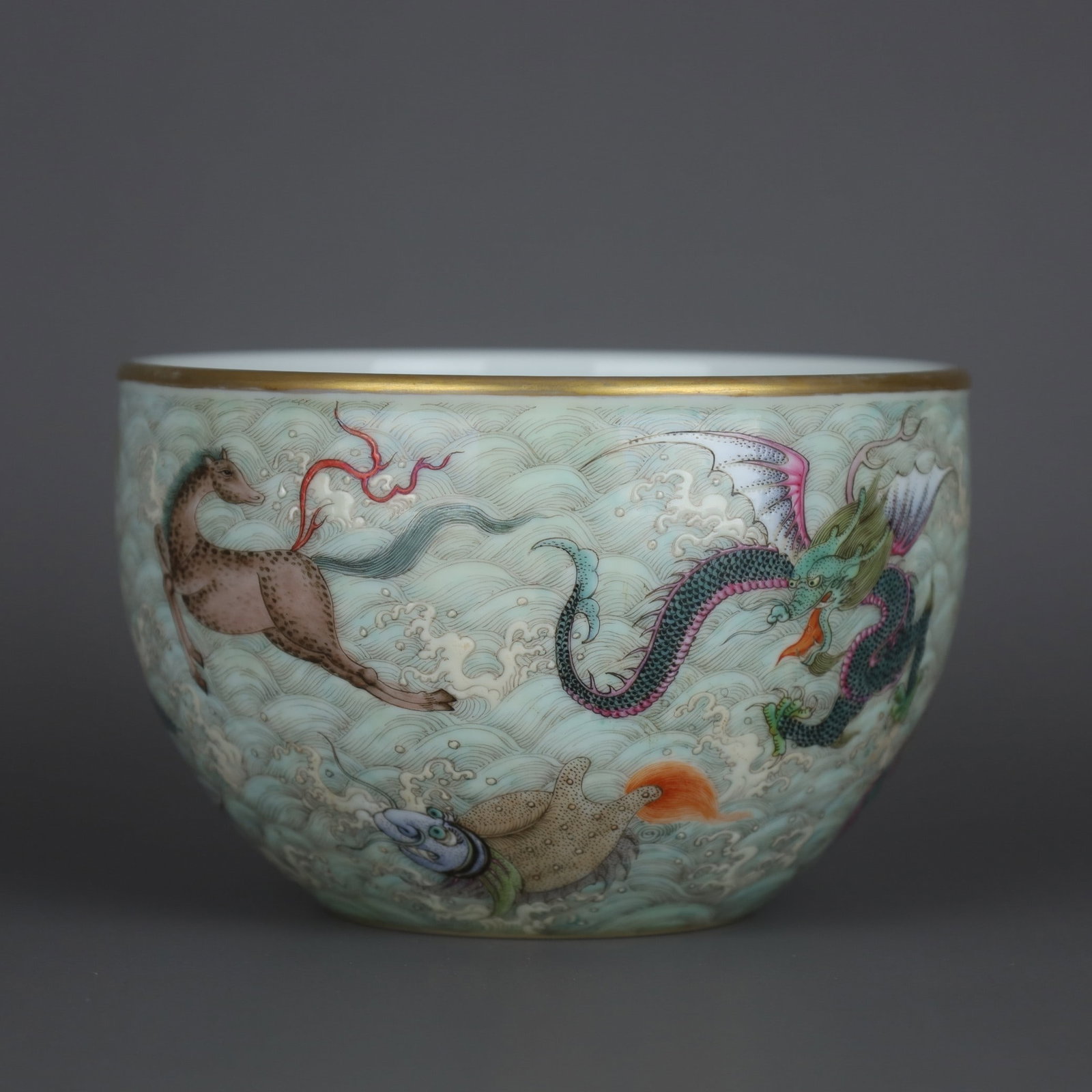 A Exquisite Famille-Rose Painted Gold Auspicious Beast Pattern Vat: A Exquisite Famille-Rose Painted Gold Auspicious Beast Pattern Vat,Qing Dynasty, China,Yongzheng Four-character Mark,Size:3.3inx5.1in