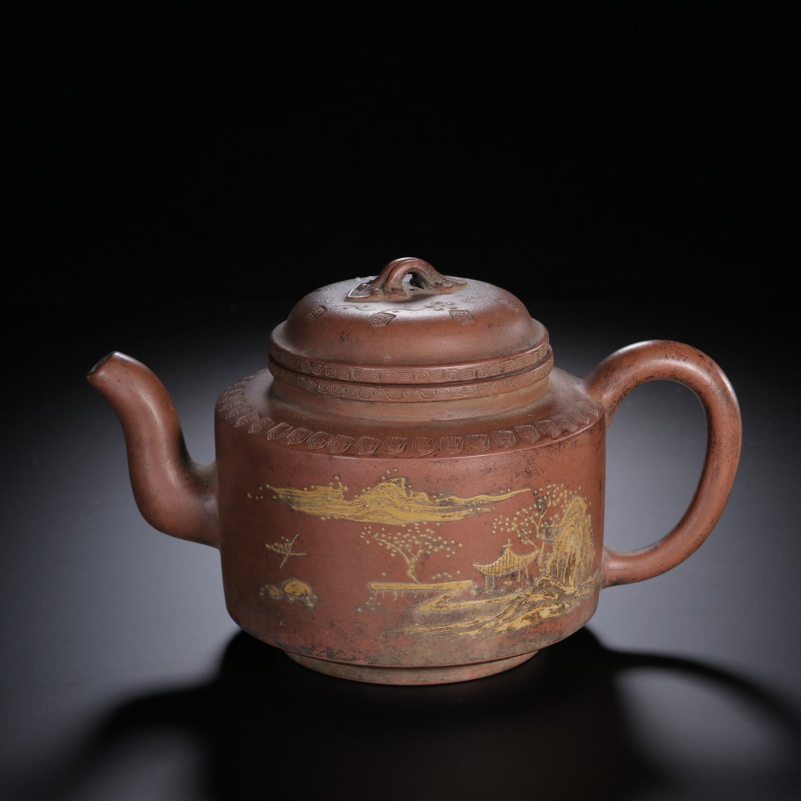 A Exquisite Purple Sands Landscape Pattern Teapot: A Exquisite Purple Sands Landscape Pattern Teapot,Qing Dynasty, China,With Mark,Size:4.9inx8.1in 紫砂山水纹壶,中国清代,带款