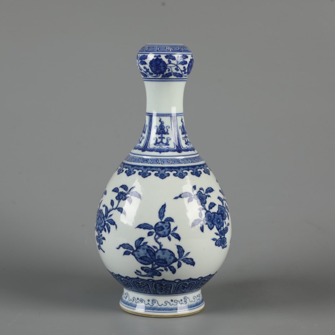 A Exquisite Blue and White Flower and Fruit Pattern Vase: An Exquisite Blue and White Flower and Fruit Pattern Vase,Qing Dynasty, China,Daoguang Six-character Mark,Size:11.2inx5.5in 青花花果纹瓶,中国清