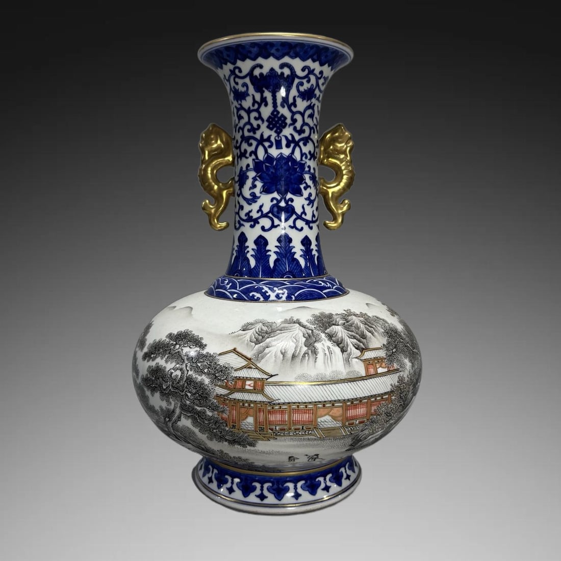 A Exquisite Blue and White Ink Color Landscape Pattern Double-Ears Vase: An Exquisite Blue and White Ink Color Landscape Pattern Double-Ears Vase,Qing Dynasty, China,Qianlong Six-character Mark,Size:7.1inx12.6in 青花墨彩山水纹Ö