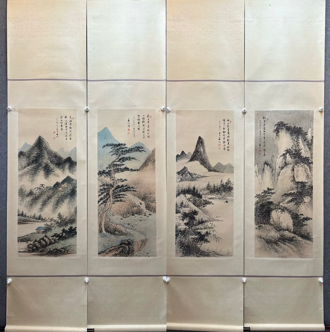 A Set of Four Chinese Vertical Scroll Ink Paintings of Landscape on Paper: A Set of Four Chinese Vertical Scroll Ink Paintings of Landscape on Paper,Modern Period of China,Qi Gong,without frame size:16.5inx41.3in 一套中国水墨纸ੑ
