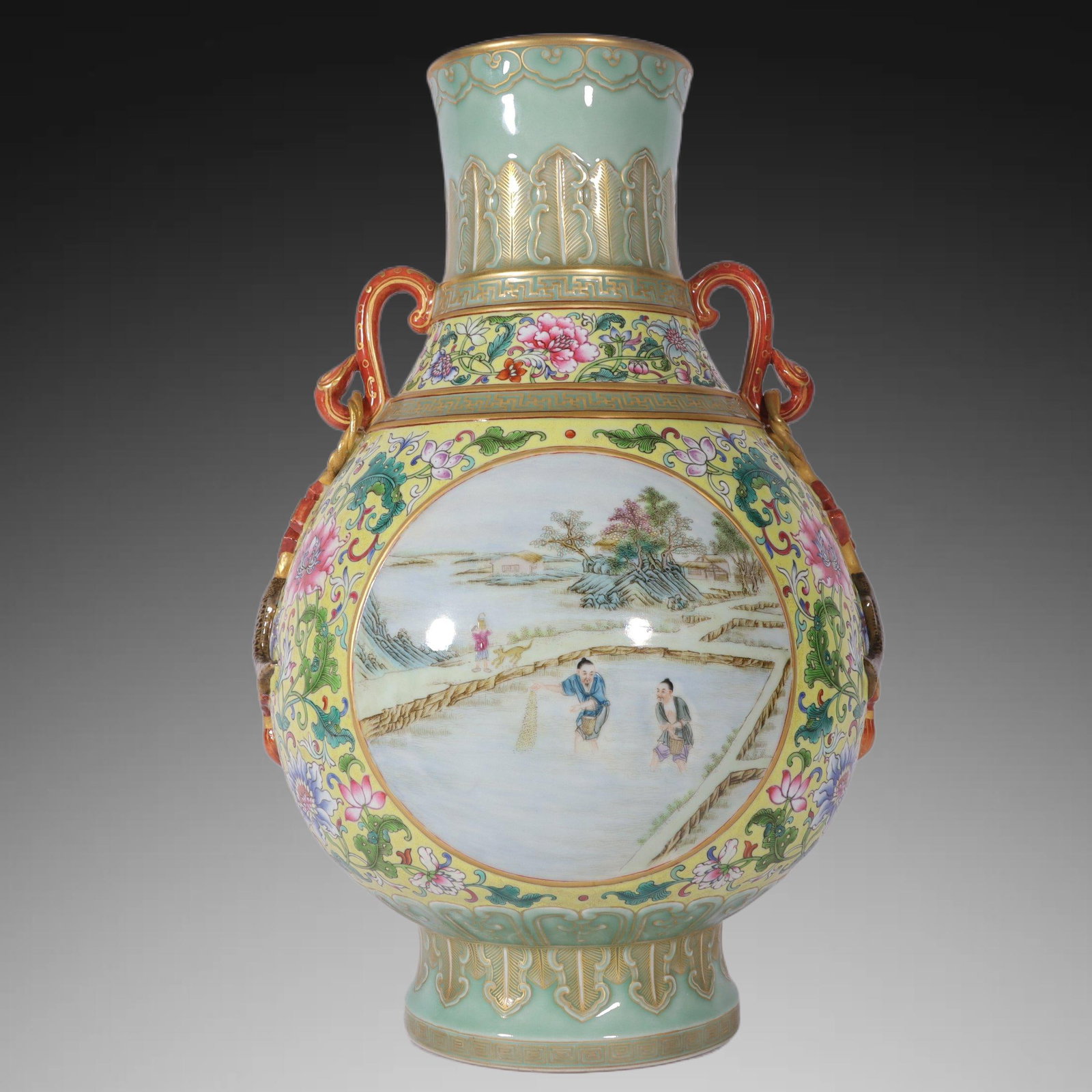 A Exquisite Famille-Rose Yellow Ground Figures Pattern Ruyi-Ears Vase: An Exquisite Famille-Rose Yellow Ground Figures Pattern Ruyi-Ears Vase,Qing Dynasty, China,Qianlong Six-character Mark,Size:15.7inx4.3inx9.8inx5.5in 粉彩黄地人物