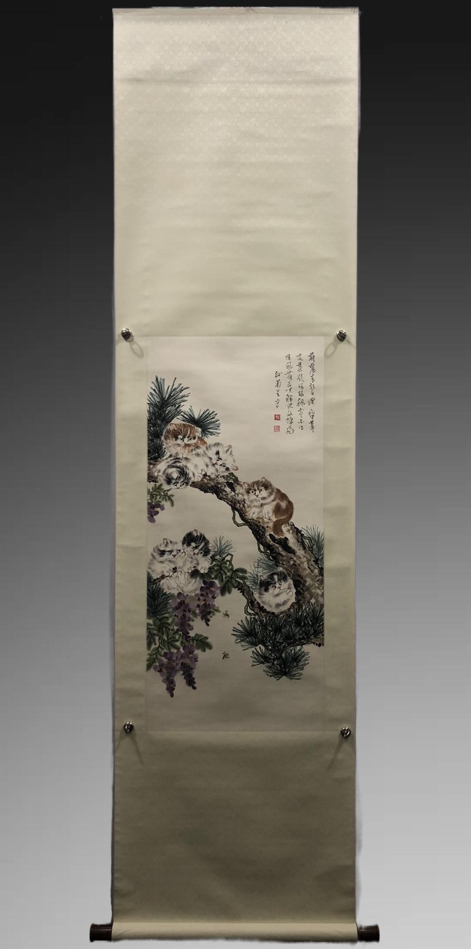 A Chinese Vertical Scroll Ink Painting of Cat on Paper: A Chinese Vertical Scroll Ink Painting of Cat on Paper,Modern Time,Sun Jusheng,without frame size:16.9inx37.8in 一幅中国水墨纸本猫画立
