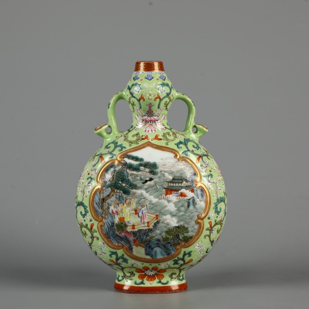 A Exquisite Green Glazed Famille-Rose Figures Pattern Vase: An Exquisite Green Glazed Famille-Rose Figures Pattern Vase,Qing Dynasty, China,Qianlong Six-character Mark,Size:8.1inx5.1in 绿釉粉彩人物纹瓶,中&#
