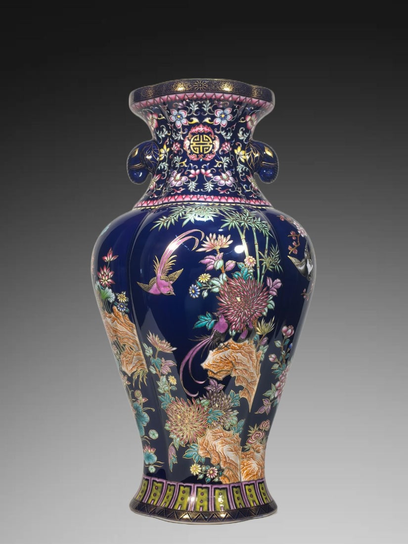 A Exquisite Enamel Ji Blue Glazed Painted Gold Flower and Bird Pattern Elephant-Ears Vase: A Exquisite Enamel Ji Blue Glazed Painted Gold Flower and Bird Pattern Elephant-Ears Vase,Qing Dynasty, China,Qianlong Six-character Mark,Size:21.9inx12.2in 珐琅彩霁蓝