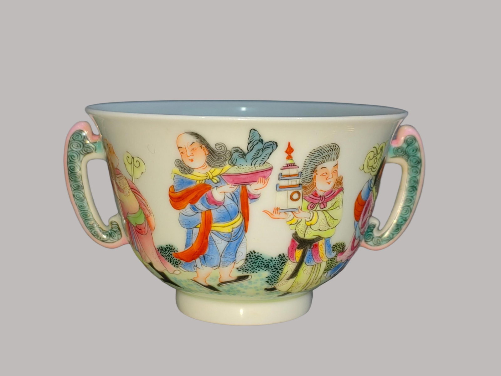 A Exquisite Famille-Rose Figures Pattern Double-Ears Cup: An Exquisite Famille-Rose Figures Pattern Double-Ears Cup,Qing Dynasty, China,Yongzheng Six-character Mark,Size:2.2inx4.1in
