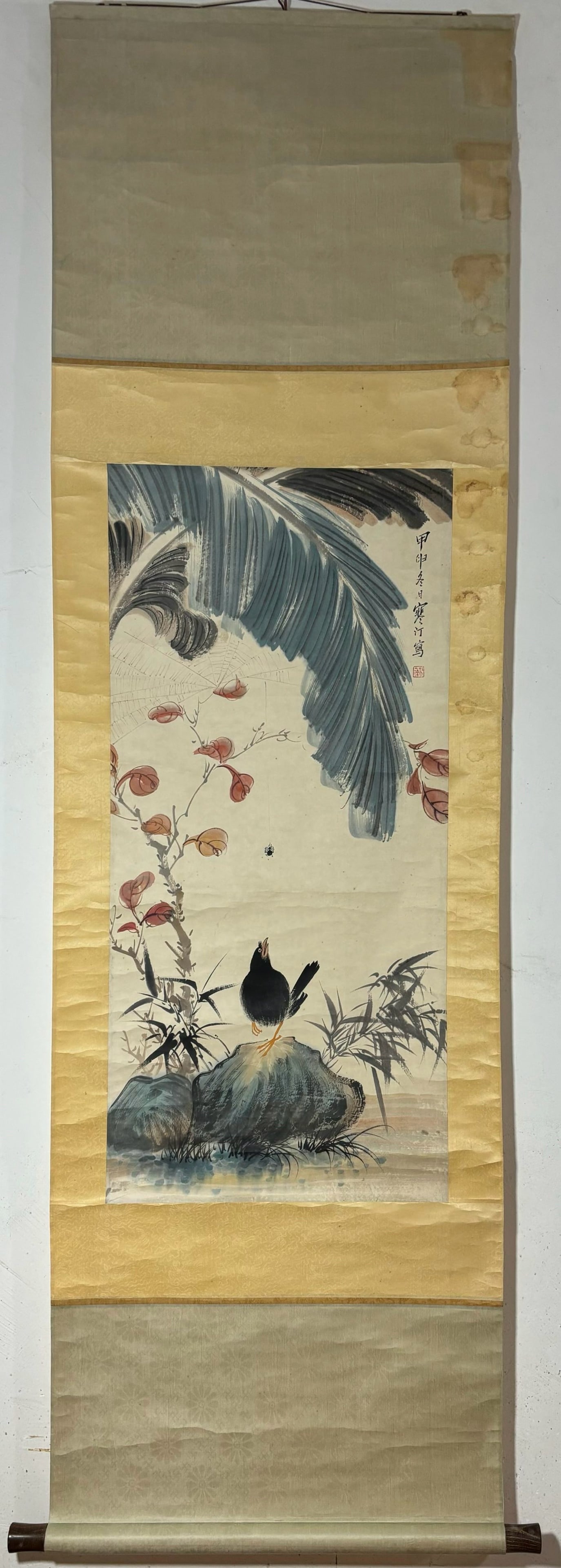 A Chinese Vertical Scroll Ink Painting of Flower and Bird on Paper: A Chinese Vertical Scroll Ink Painting of Flower and Bird on Paper,Modern Time,Jiang Hanting,without frame size:39.2inx17.5in