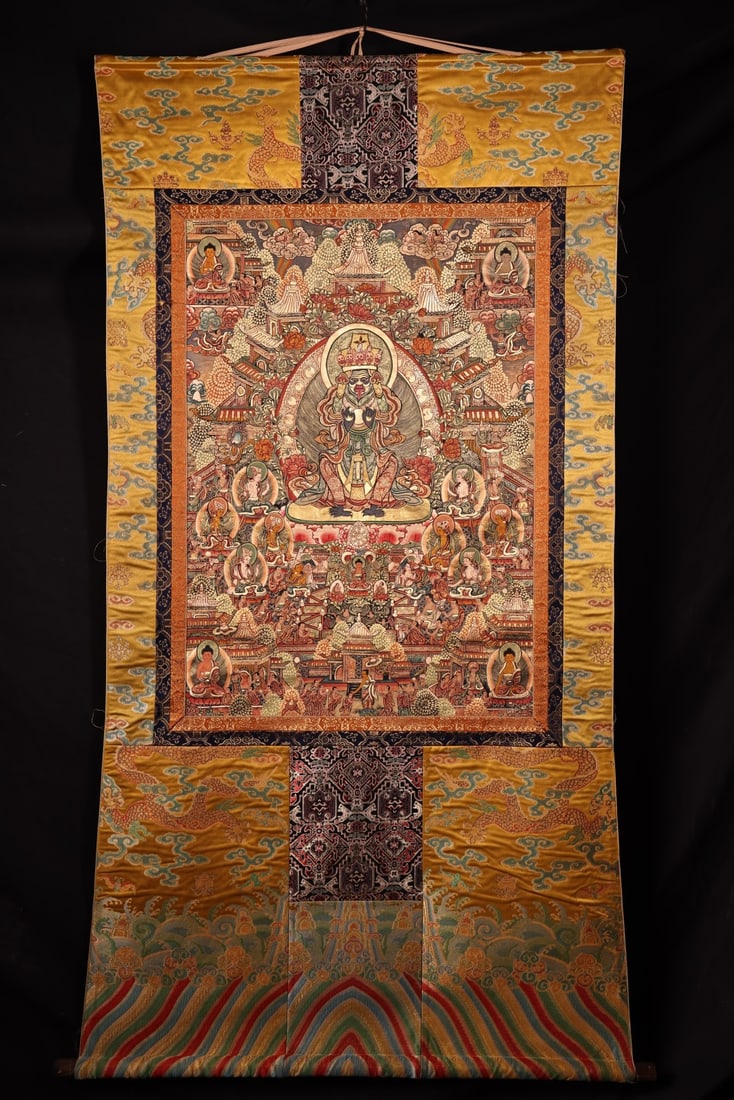 A Exquisite Tashiram Thangka: A Exquisite Tashiram Thangka,Ming Dynasty, China,Size:59.1inx31.5in(Whole),35inx23.6in(Leather Core) 扎西拉姆唐卡,中国明代