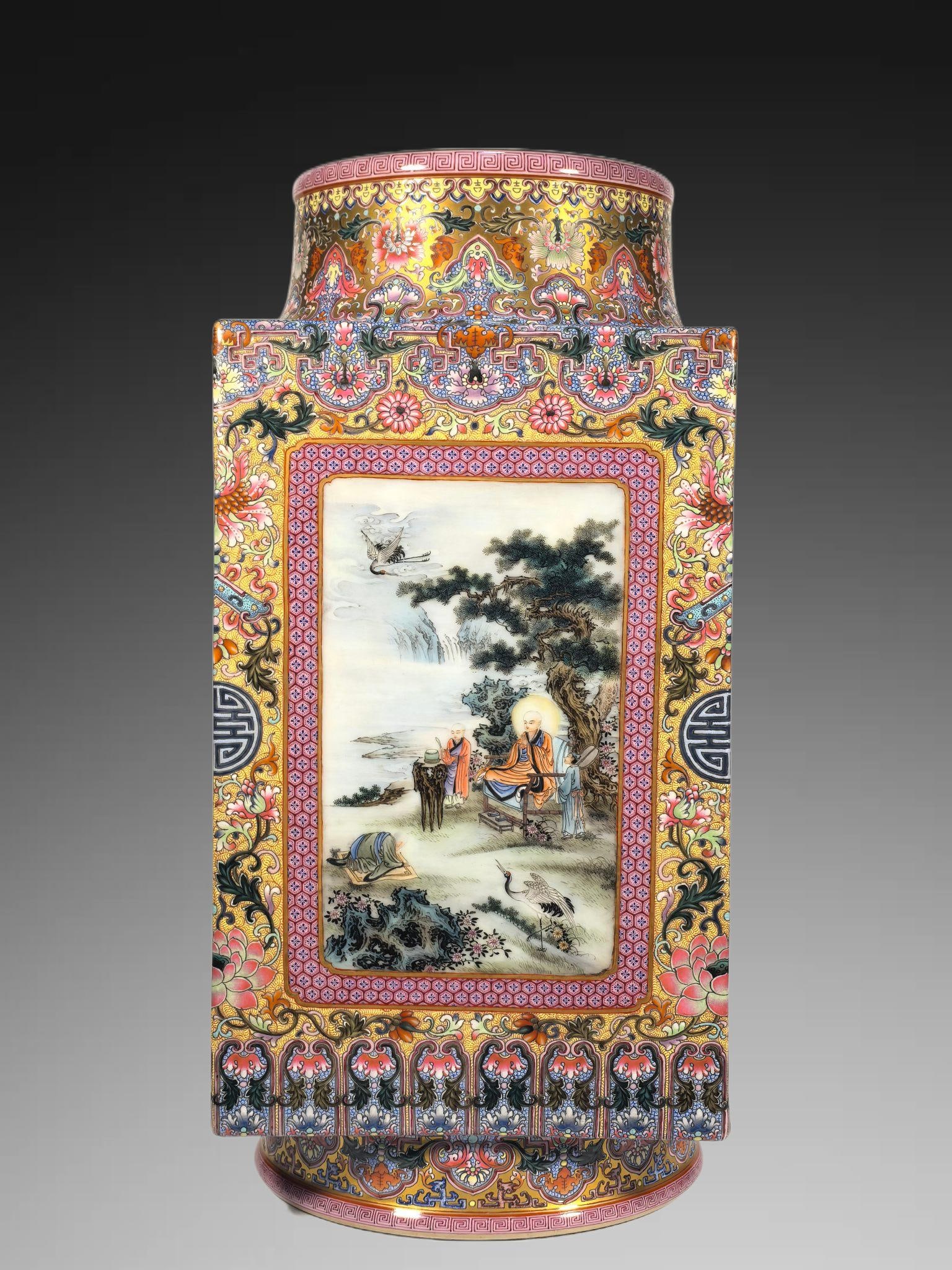 A Exquisite Enamel Character and Story Pattern Vase: A Exquisite Enamel Character and Story Pattern Vase,Qing Dynasty, China,Qianlong Four-character Mark,Size:16.5inx6.3inx7.9inx7.5in