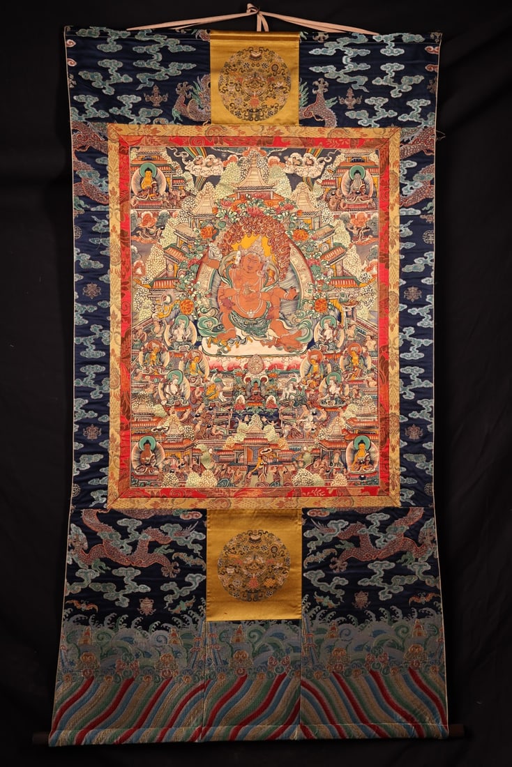 A Exquisite Six-arms Mahakala Thangka: A Exquisite Six-arms Mahakala Thangka,Ming Dynasty, China,Size:59.1inx31.5in(Whole),35inx23.6in(Leather Core) 六臂马哈嘎啦唐卡,中国明&
