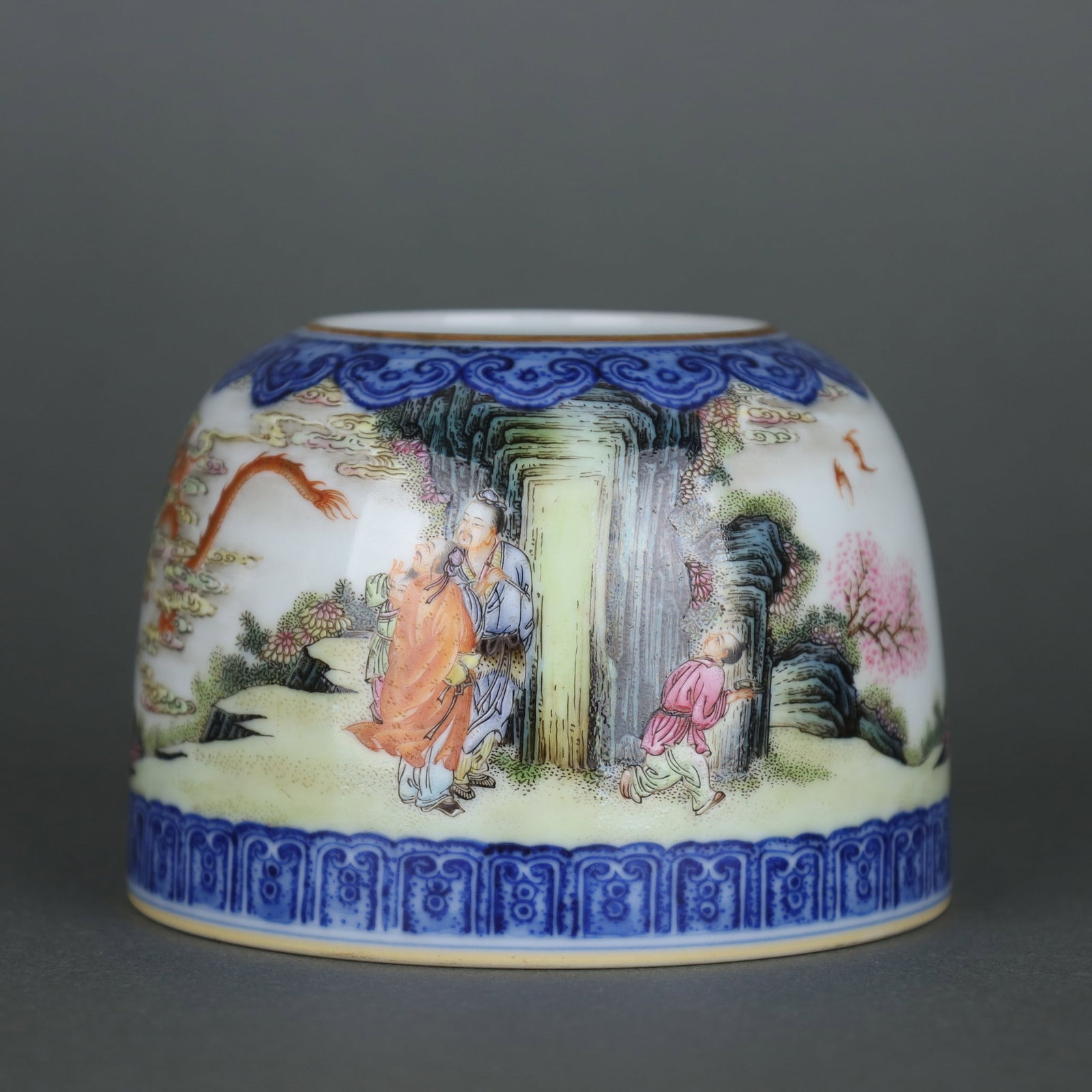 A Exquisite Blue and White Famille-Rose Figures Pattern Water Pot: An Exquisite Blue and White Famille-Rose Figures Pattern Water Pot,Qing Dynasty, China,Qianlong Six-character Mark,Size:2.8inx4in 青花粉彩人物纹水௠