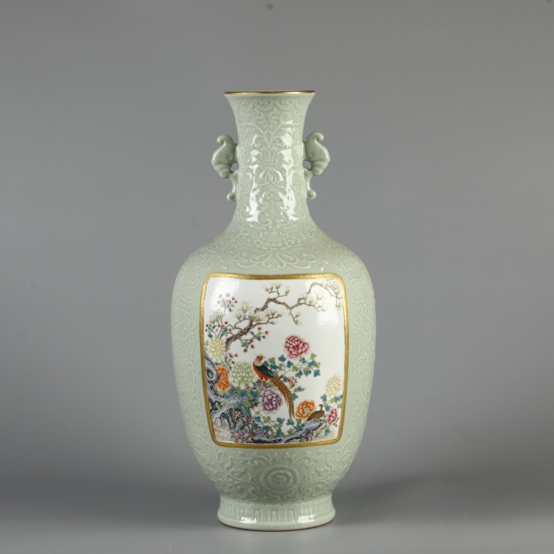A Exquisite Pea-Green Glaze Flower and Bird Pattern Vase: A Exquisite Pea-Green Glaze Flower and Bird Pattern Vase,Qing Dynasty, China,Qianlong Six-character Mark,Size:17.1inx7.5in 豆青釉花鸟纹瓶,中国