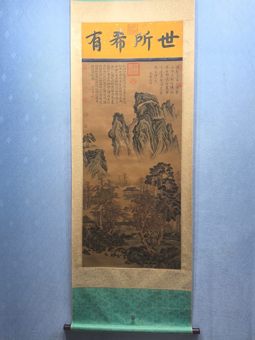 A Chinese Vertical Scroll Ink Painting of Landscape on Silk: A Chinese Vertical Scroll Ink Painting of Landscape on Silk,Ming Dynasty, China,Qiu Ying,without frame size:24.8inx51.6in